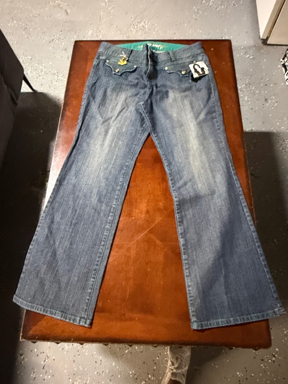 Baby Phat Women's Blue Flare Jeans with Embellished Back Pockets